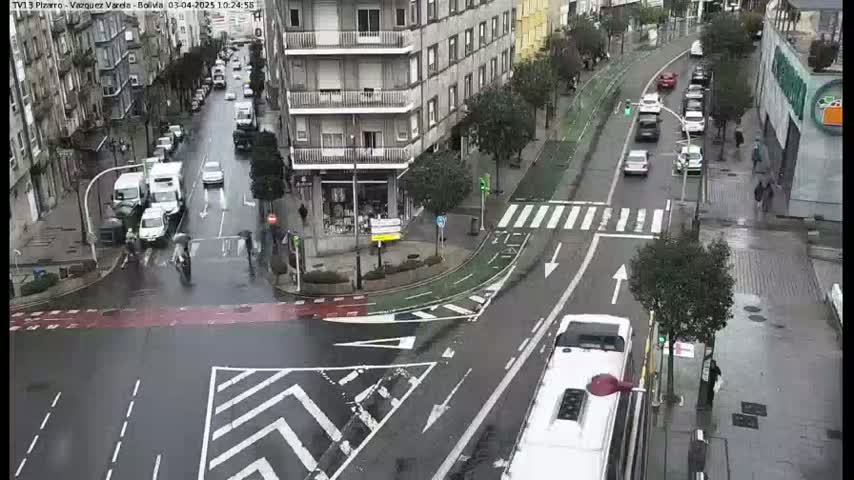 A wet city intersection with several vehicles and pedestrians, viewed from above on a rainy day.