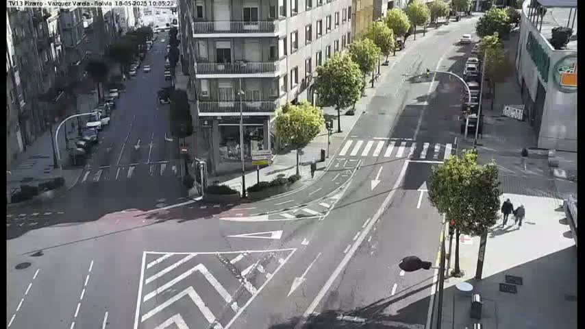 A high-angle view shows a city street intersection on a sunny day with cars parked along the sides of the road and a few pedestrians walking near a crosswalk.