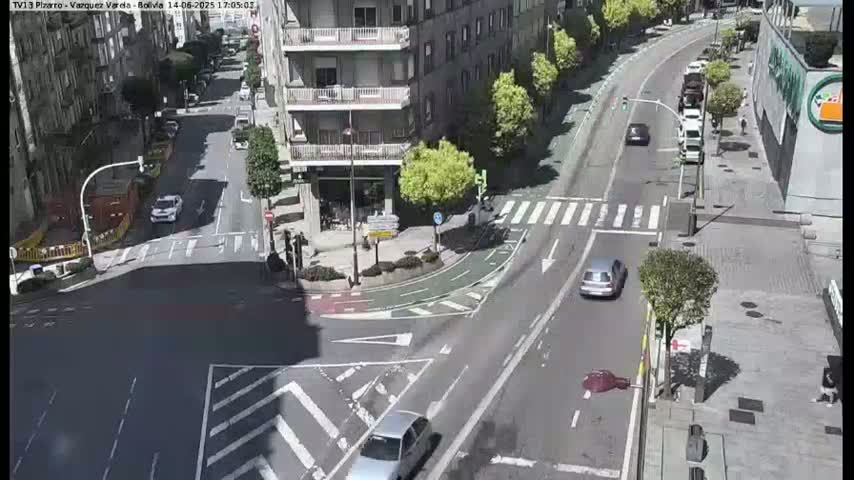 A sunny, high-angle view shows a city street intersection with several cars, buildings, and pedestrian crosswalks.
