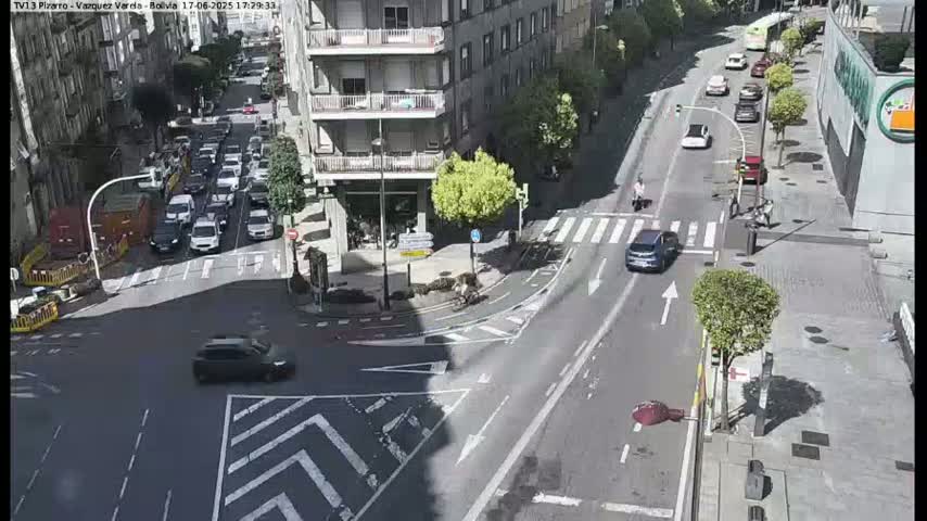 A sunny day shows a city intersection with several cars, pedestrians, and cyclists navigating crosswalks and roads.