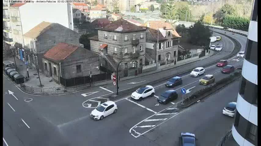 A high-angle view of a street intersection with several cars and buildings on a partly cloudy day.
