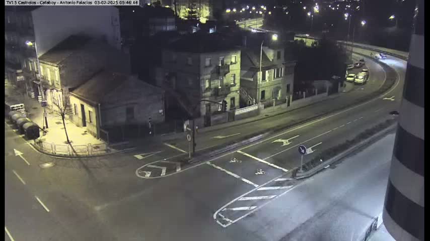 A nighttime aerial view shows a street intersection with several buildings and a few vehicles on a curved roadway.