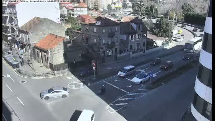 A high-angle, sunny-day view of a city intersection with several cars and a person on a scooter, surrounded by buildings.