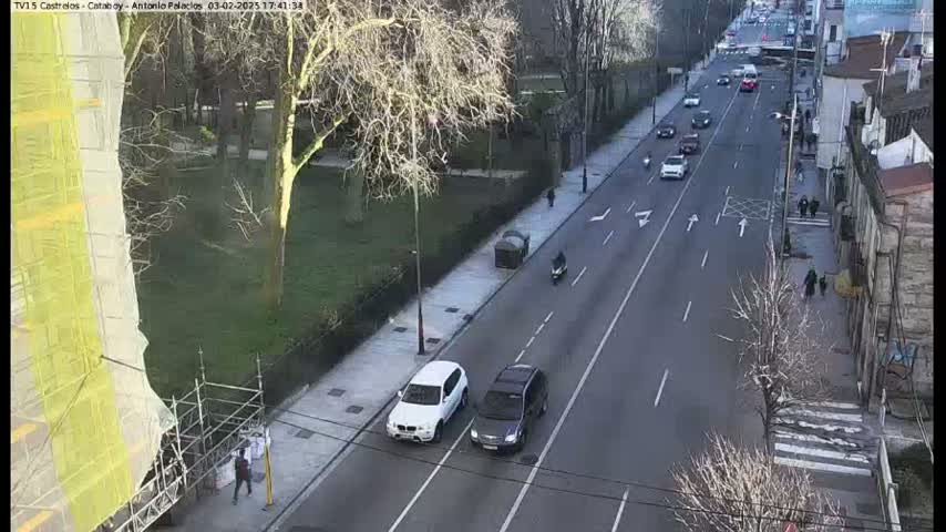 A city street scene on a partly sunny day shows cars driving on a multi-lane road, pedestrians walking on sidewalks, and a park with bare trees in the background.