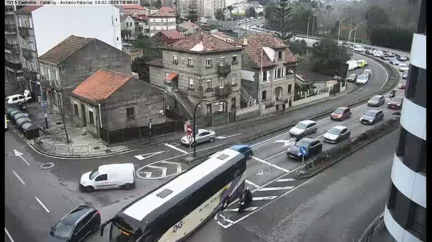 A city intersection with several cars and a large bus, viewed from above on an overcast day.