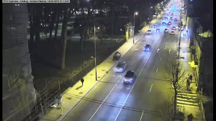 A nighttime, high-angle view shows a multi-lane road with several cars driving in both directions, flanked by trees, buildings, and a person walking along a sidewalk.