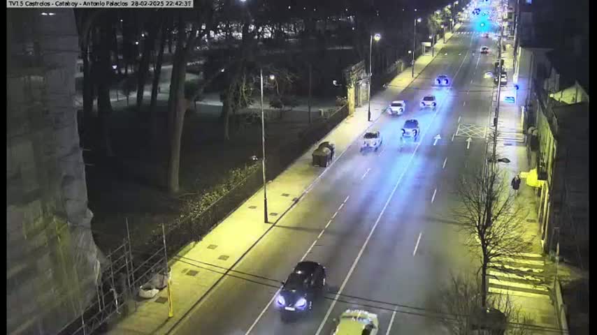 A nighttime, high-angle view shows several vehicles driving on a city street lined with trees and buildings.