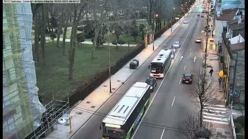 A city street scene on an overcast day shows two buses and several cars moving along a road that passes through a park with bare trees.