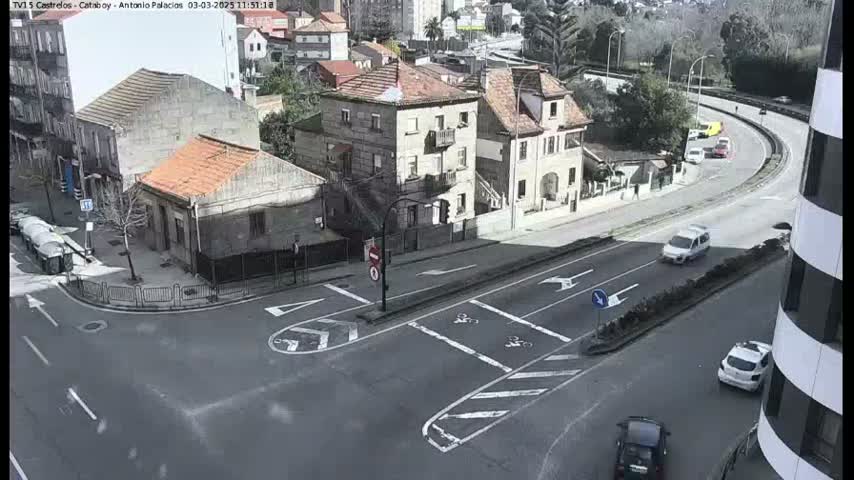 A high-angle view of a street intersection and curving roadway in a town on a partly cloudy day, with several cars visible.