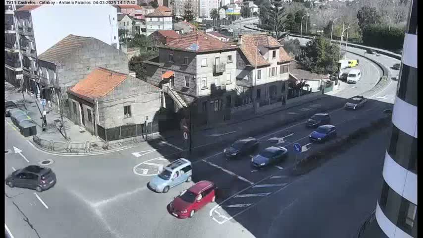 A sunny day reveals a street intersection with several cars, surrounded by stone buildings and a curved roadway in the background.