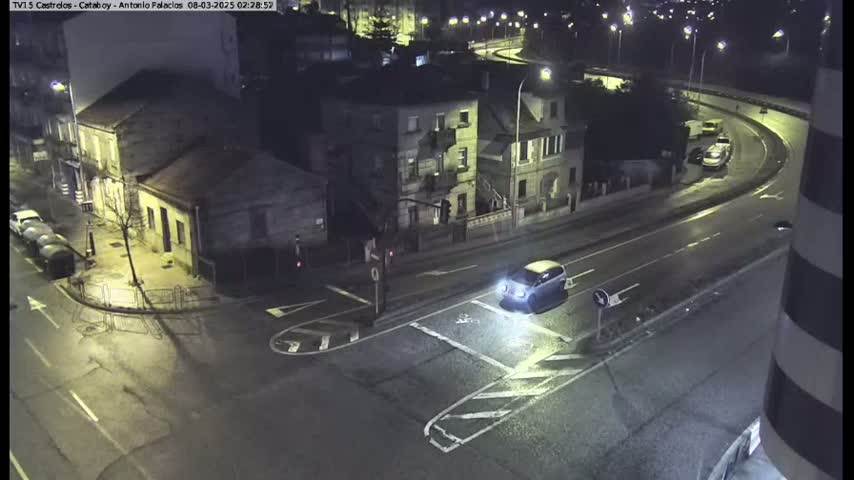 A high-angle nighttime view of a street intersection with a few cars and buildings, showing wet roads under streetlights.