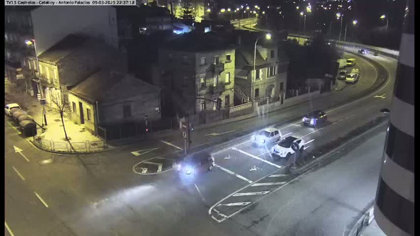 A nighttime, overhead view of a street intersection with several cars and buildings, under well-lit conditions.
