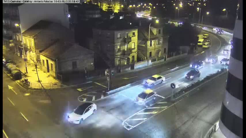 A nighttime aerial view of a street intersection with several cars driving on wet roads, surrounded by buildings.