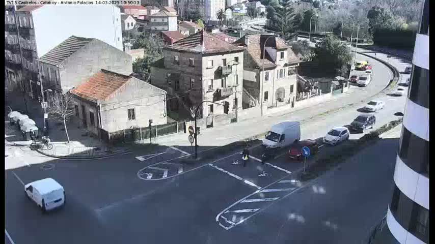 A sunny day reveals a street intersection with several cars and a van, bordered by buildings and a cyclist in the background.