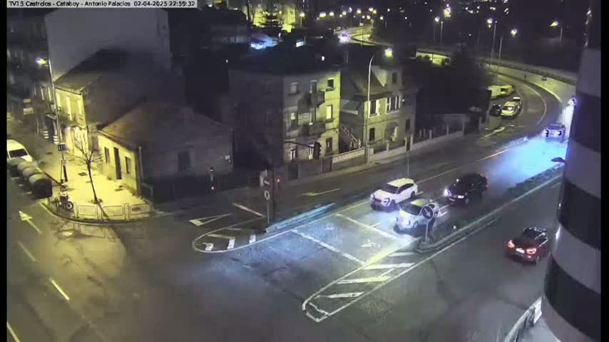 A nighttime aerial view of a street intersection shows several cars at a crosswalk and parked along the street, with buildings and streetlights visible under clear skies.