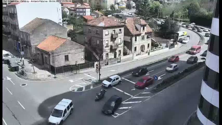 An aerial view shows a street intersection with several cars and a van, plus a motorcycle, in a town on a partly sunny day.