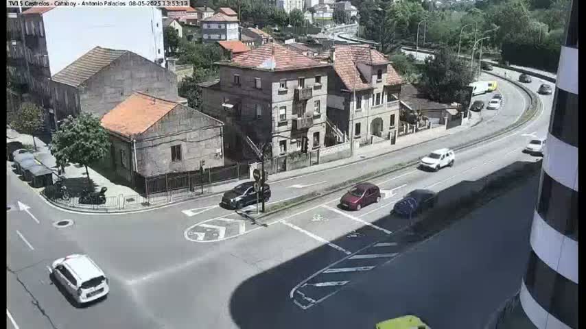 A high-angle view of a sunny city intersection with several cars at a crossroads, showing buildings and roadways, on a clear day.