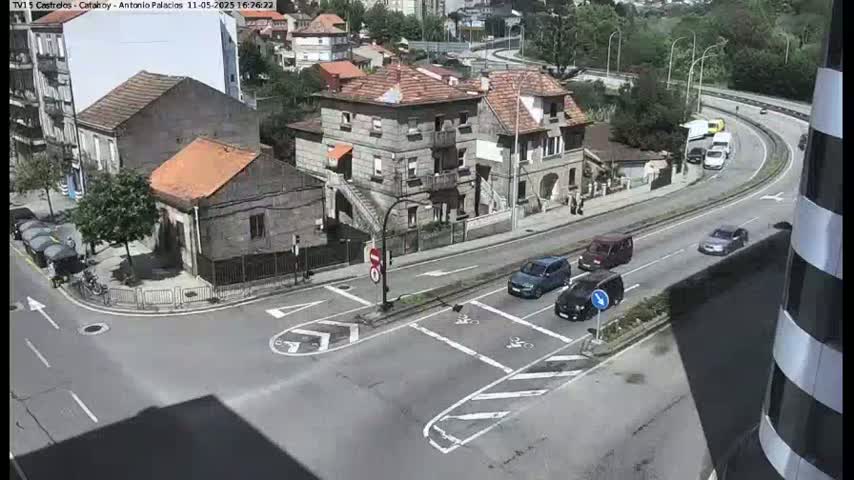 A high-angle view of a street intersection with several cars and buildings on a sunny day.