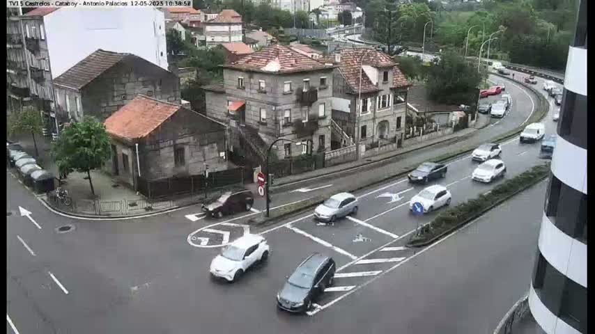 A wet city intersection with several cars, surrounded by low-rise buildings and lush greenery.