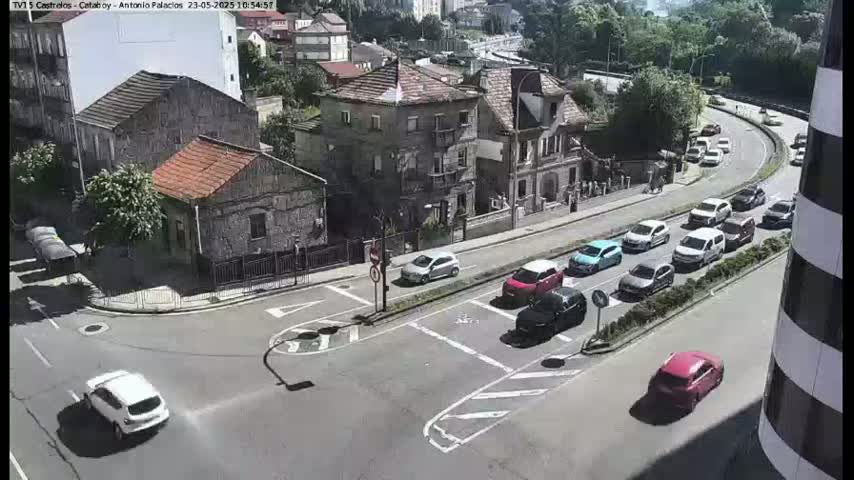 A sunny day shows a street intersection with several cars, surrounded by buildings and lush greenery.