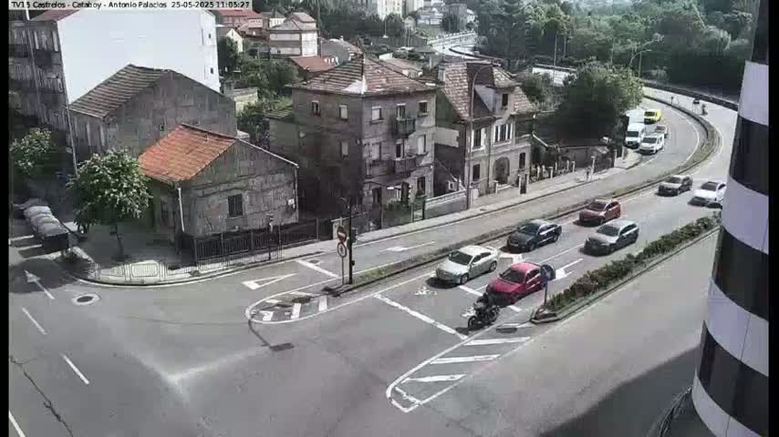 A high-angle view of a street intersection with several cars and a motorcycle, surrounded by buildings on a sunny day.