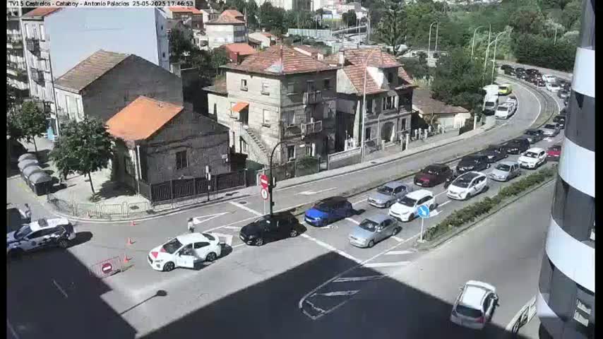 A sunny, high-angle view shows a city intersection with several cars stopped and moving, a few buildings, and a long line of cars stretching into the distance.