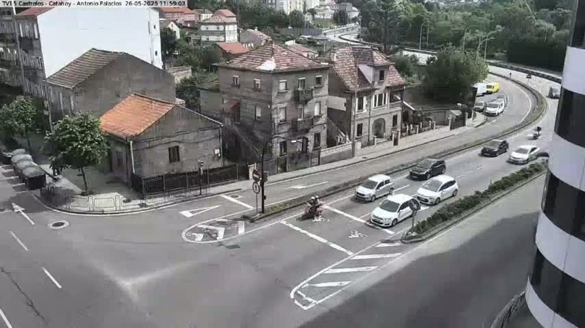 A high-angle view of a street intersection with several cars and a scooter, situated in a town with buildings and greenery under partly cloudy skies.