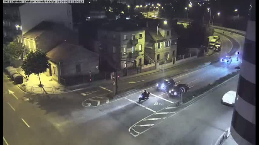 A nighttime aerial view shows a street intersection with several cars and a motorcycle, under clear skies.