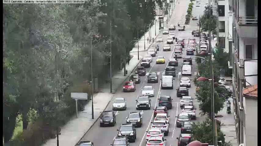 A partly sunny day reveals a busy city street with multiple lanes of slow-moving traffic, lined with trees and buildings on either side.