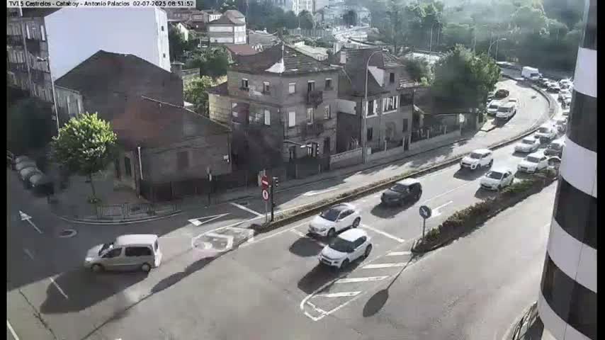 A sunny day shows a bird's-eye view of a city intersection with several cars, including a minivan, driving on the roads and some parked along the street, near buildings of varying heights.