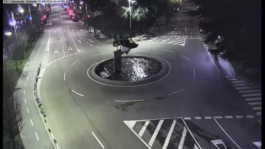 A nighttime aerial view shows a roundabout with a dark sculpture in the center, surrounded by roads with white lane markings and crosswalks.