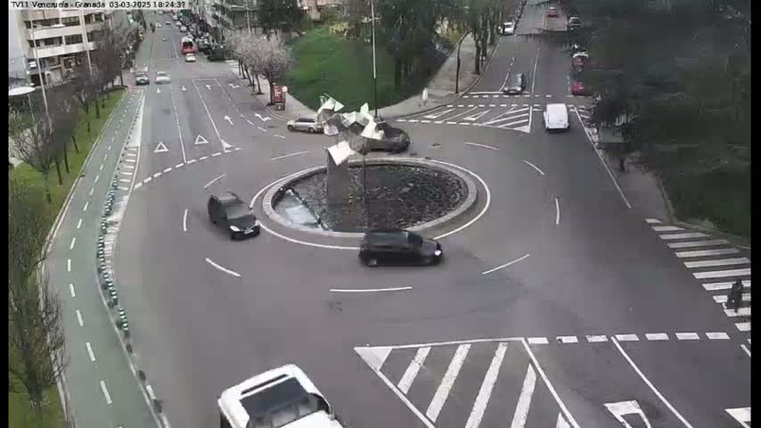 A roundabout with several cars is shown from an overhead view on a partly cloudy day.