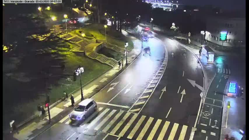 A wet, nighttime street scene shows several cars driving on a curved road with pedestrian crossings, stairs, and some people walking near green landscaping.