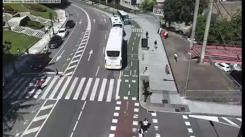 A sunny day reveals a street scene with several cars and buses at an intersection, pedestrians crossing crosswalks, and a bike lane separating the roadway from a sidewalk.