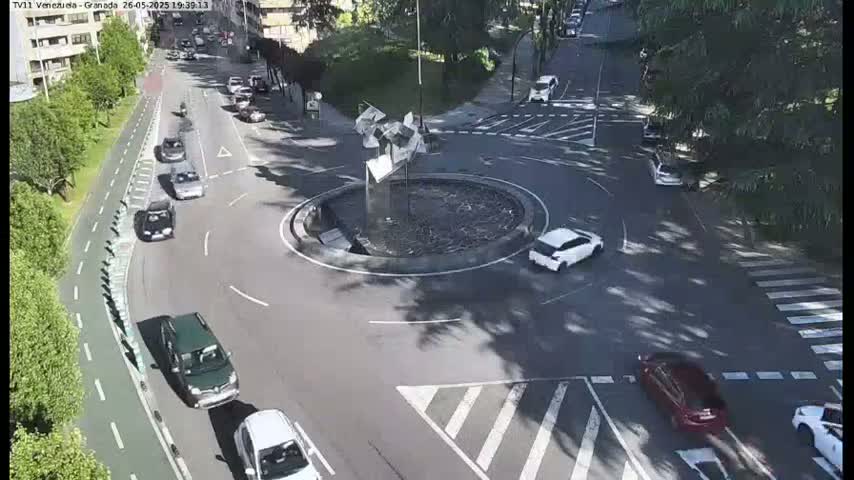A sunny day shows several cars navigating a roundabout in a city, with a bike lane and some trees visible.