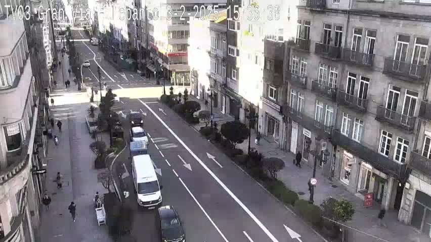 A city street scene on a sunny day shows several vehicles driving on a multi-lane road,  pedestrians walking on sidewalks alongside tall buildings.