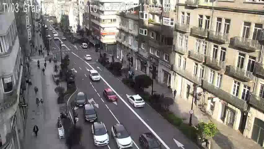 A high-angle, long shot of a city street with multiple cars and pedestrians, under a partly cloudy sky.