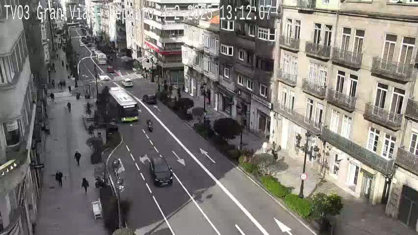 A city street scene on a sunny day shows several pedestrians and vehicles on a multi-lane road, with tall buildings lining both sides of the street.