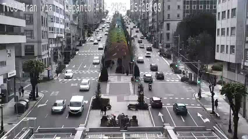 A city street scene on a cloudy day shows several cars driving on a multi-lane road that intersects with another street; pedestrians are visible on the sidewalks and crosswalks.