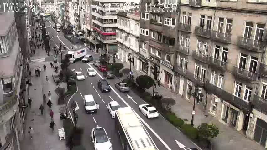 A city street scene on a partly cloudy day, with numerous cars and pedestrians on a multi-lane road flanked by tall buildings.
