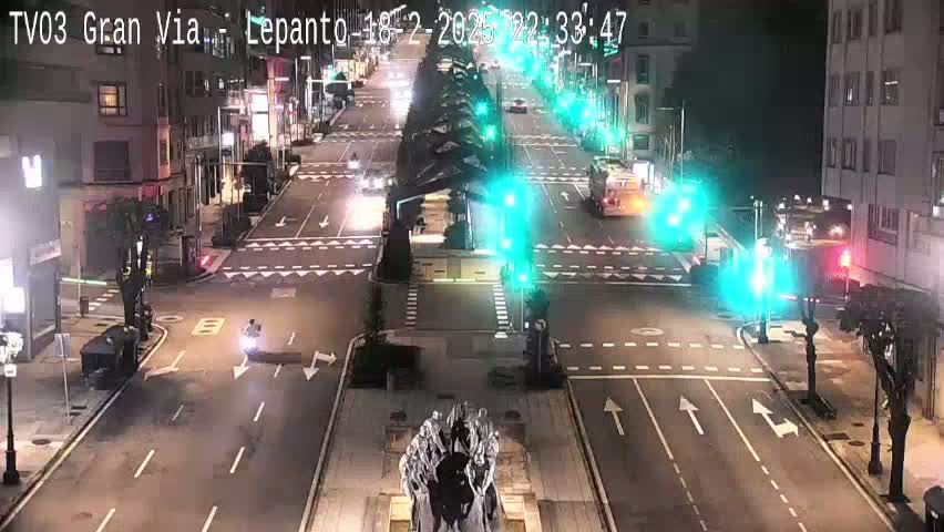 A nighttime, high-angle view of a city intersection with sparse traffic, illuminated by streetlights and traffic signals.
