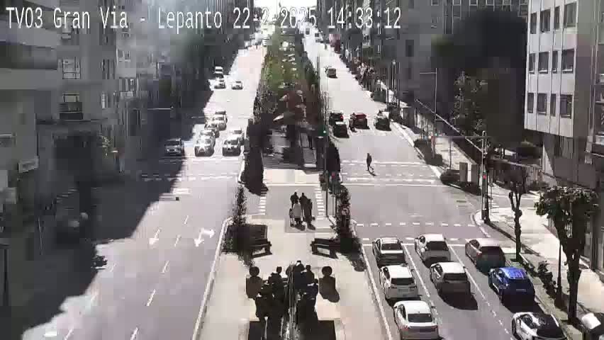 A sunny city street scene shows several cars driving along a wide road, with pedestrians walking on sidewalks, and buildings lining both sides of the street.
