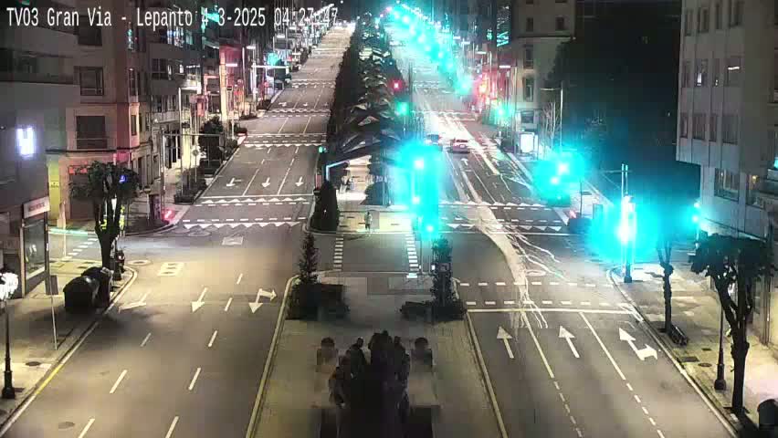 A nighttime, high-angle view of a mostly empty city street intersection with traffic lights and a few cars visible.