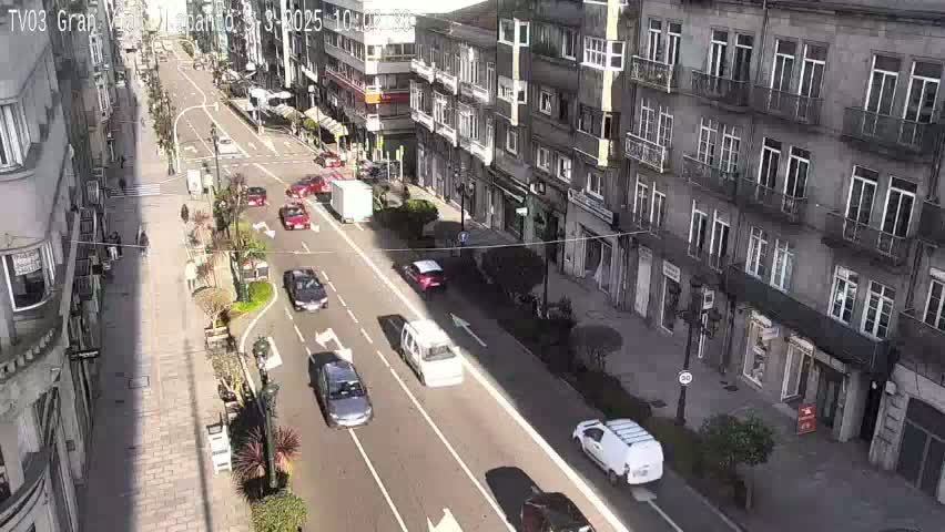 A sunny city street scene shows several cars driving on a multi-lane road, flanked by buildings with balconies, and pedestrians walking on a sidewalk.
