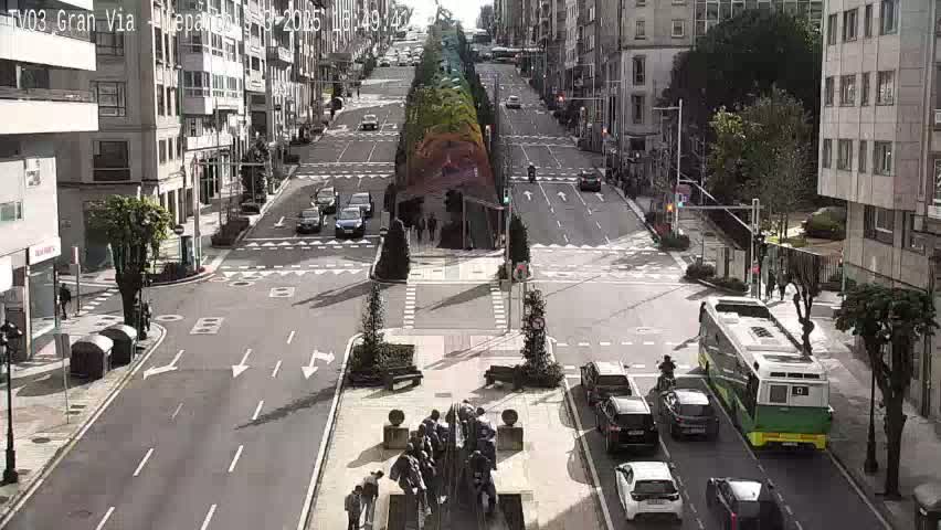 A sunny city street scene shows a multi-lane road with cars, a bus, and pedestrians, intersecting with other roads, and lined with tall buildings and landscaping.