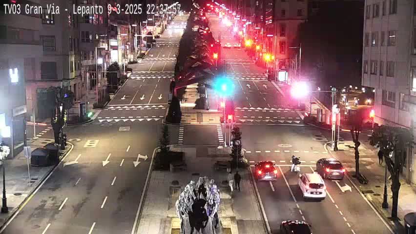 A nighttime, street-level view of a city intersection with several cars and pedestrians, and traffic lights are visible.