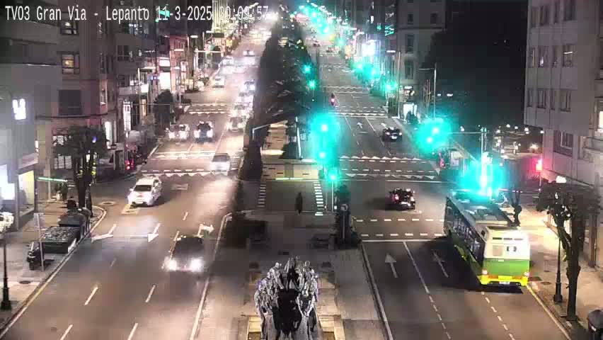 A nighttime, city street scene shows numerous vehicles at an intersection, with traffic lights and streetlights illuminating the area.