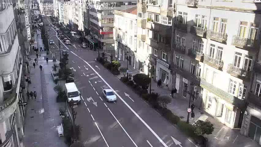 A sunny city street scene shows a multi-lane road with cars and pedestrians, flanked by tall buildings with balconies.
