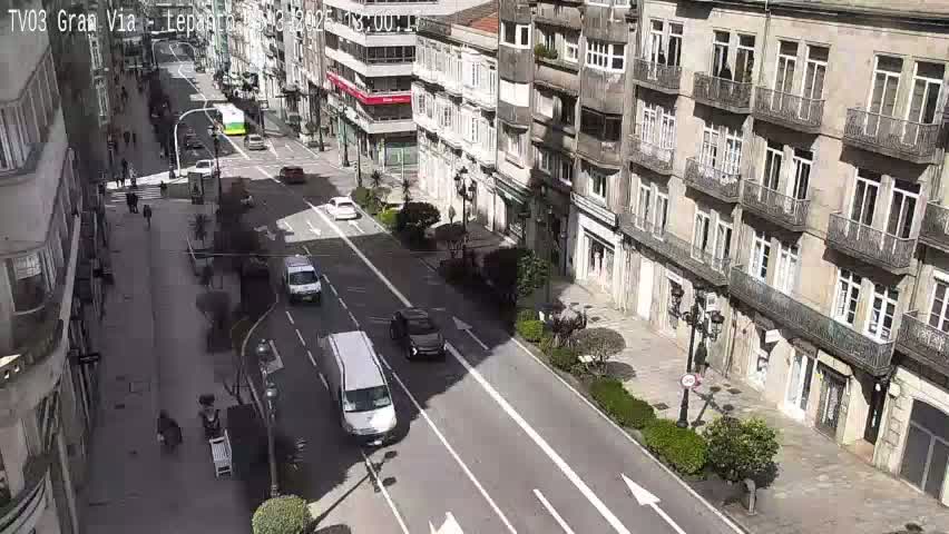 A sunny city street scene shows several vehicles driving on a multi-lane road that runs between buildings, with pedestrians walking on the sidewalks.