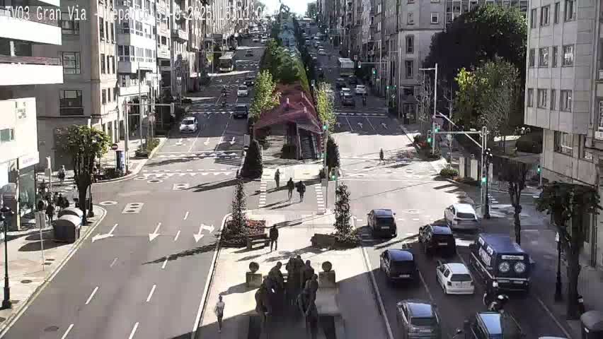 A sunny city street scene shows several cars at a multi-way intersection, pedestrians walking on sidewalks, and buildings lining the street.